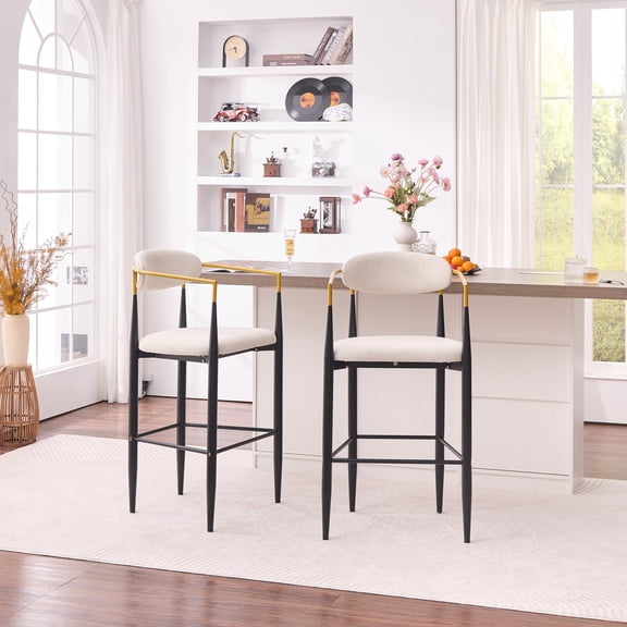 Upholstered Stool with Gold-Accented Armrests - Set of 2
