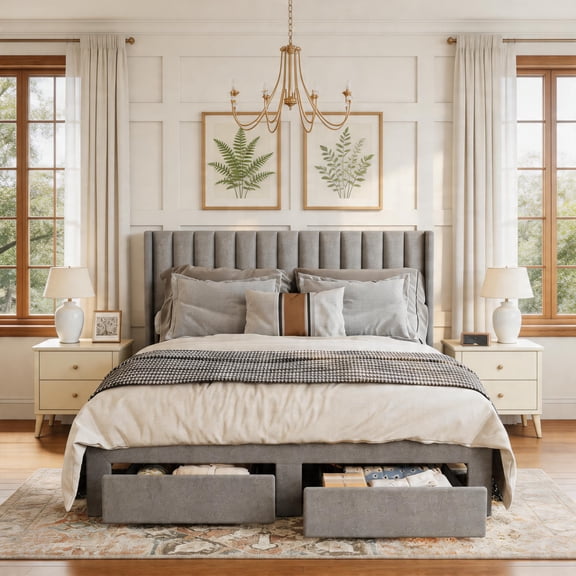 Upholstered Storage Bed Frame with 2 Footboard Drawers, Vertical Channel Headboard, No Box Spring Needed