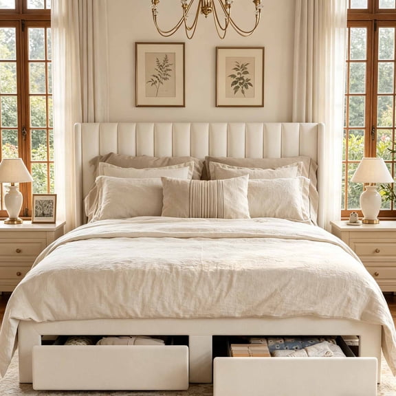 Upholstered Storage Bed Frame with 2 Footboard Drawers, Vertical Channel Headboard, No Box Spring Needed