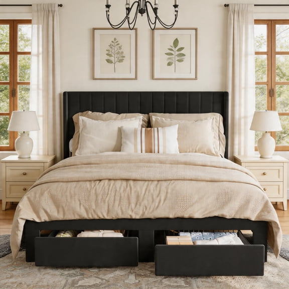 Upholstered Storage Bed Frame with 2 Footboard Drawers, Vertical Channel Headboard, No Box Spring Needed