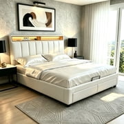 Upholstered Storage Bed Frame with LED Headboard & Drawers, Hydraulic Lift-Up Storage, Noise-Free Design, Sturdy Construction, Easy Assembly
