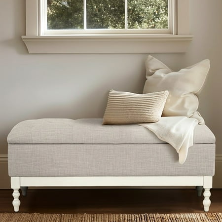 Upholstered Storage Bench In Antique Cream/ Grey - Detailing Solid Wood Turned Legs 16"d X 46"w 18.5"h 44.25"w Interior Chest 15.5 In. Package Height Assembly Required