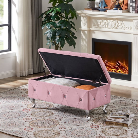 Upholstered Storage Bench, Entryway Flip Top Bench with Safety Hinge, Storage Chest with Padded Seat, Bed End Ottoman with Storage for Bedroom, Holds up to 250lb, Pink Velvet, L0269