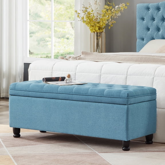 Upholstered Storage Bench With Buttons In Blue Linen And Secure Wooden Backing For Requirements Button Robust Structure Purposes