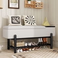 thumbnail image 1 of 47" Upholstered Storage Bench, Farmhouse Wood Shoe Rack with Hidden Storage Cabinet and Open Shelf, 2-Tier Entryway Bench for Hallway, Living Room, 1 of 9