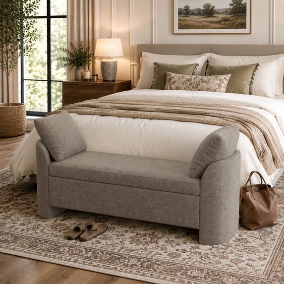 Usaint Upholstered Storage Bench, Padded Armrest Bedroom Bench for Bedroom, Entryway, Living Room, Brown