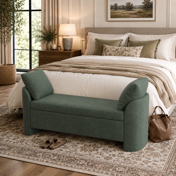 VKNOW Upholstered Storage Bench with Arms, Chenille Bench with 2 Pillows, for Bedroom, Entryway or Living Room, Green