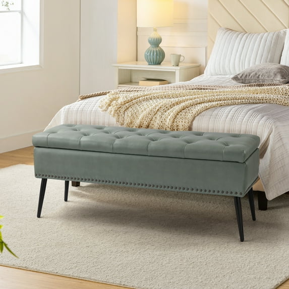 Upholstered Storage Leather Bench Flip Top Upholstered Wooden Leg Tufted Nailhead Trims Home End of Bed, Sage