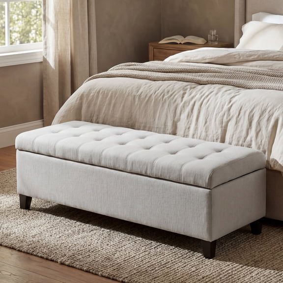 Upholstered Storage Ottoman Bench, Entryway Bench with Flip-Top Storage, End of Bed Bench, Foot Rest for Bedroom, Light Grey Fabric, Rubber Wood Legs