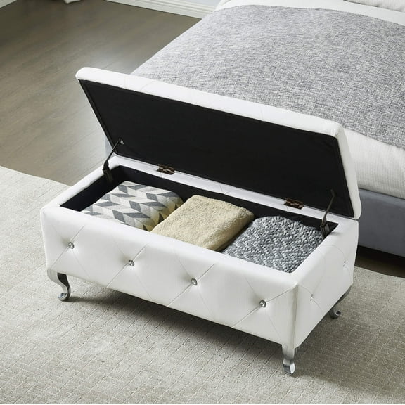 Upholstered Storage Ottoman Bench For Bedroom End Of Bed Faux Leather Rectangular Storage Benches Footrest