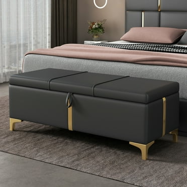Upholstered Storage Ottoman Bench with Metal Legs, Elegant PU Storage Ottoman with Thicker Seat, 47.2" Rectangle Storage Bench Foot Rest Padded Seat, Ottoman Bench for Bedroom, Black