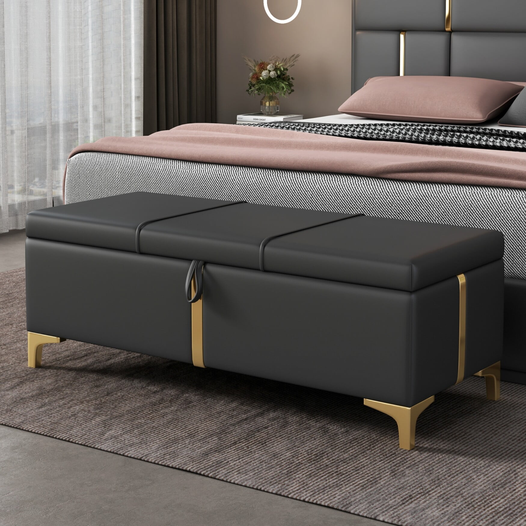Upholstered Storage Ottoman Bench, PU Leather 47" End of Bed Bench with ...