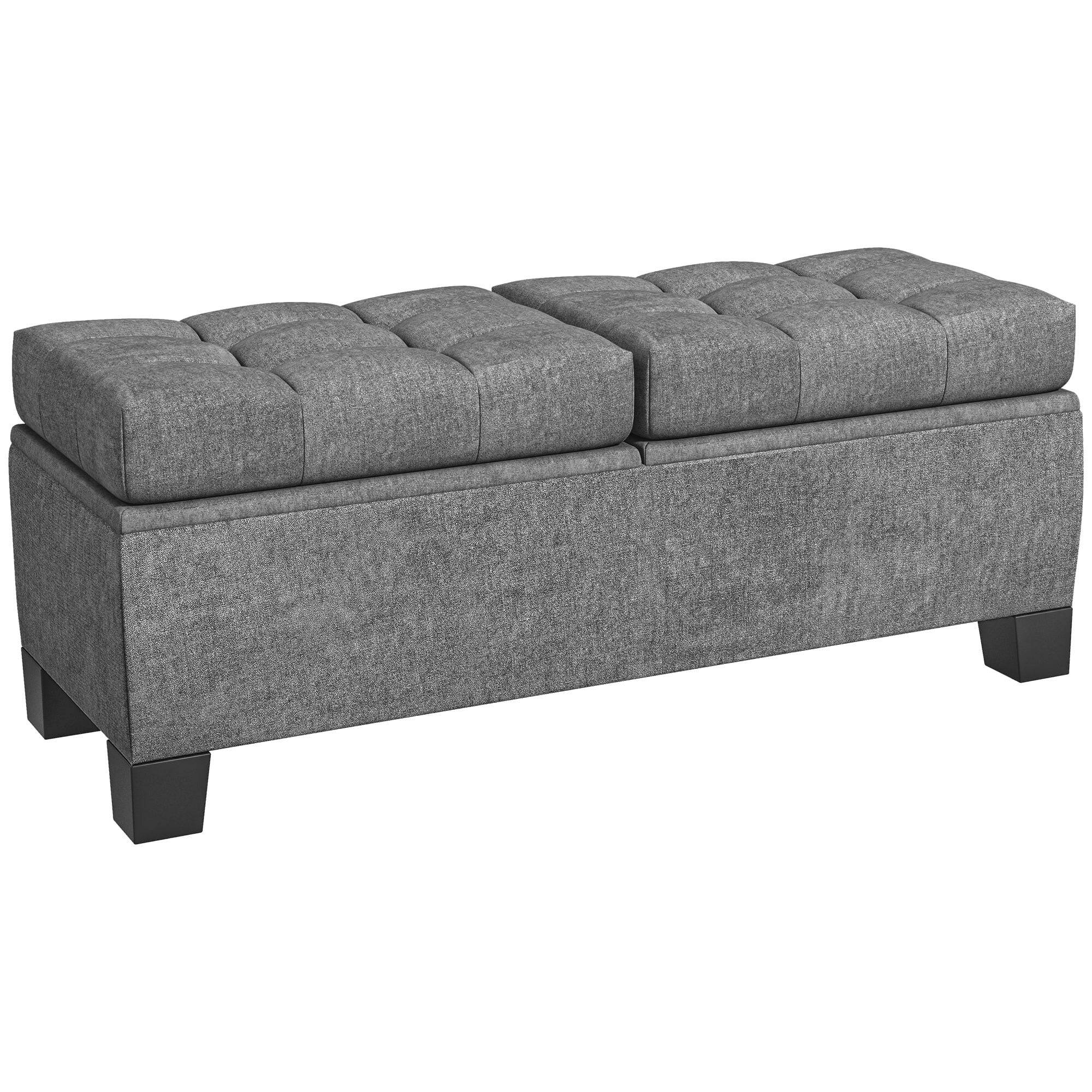 Gray Tufted Linen Upholstered Storage Ottoman Bench with Steel Frame