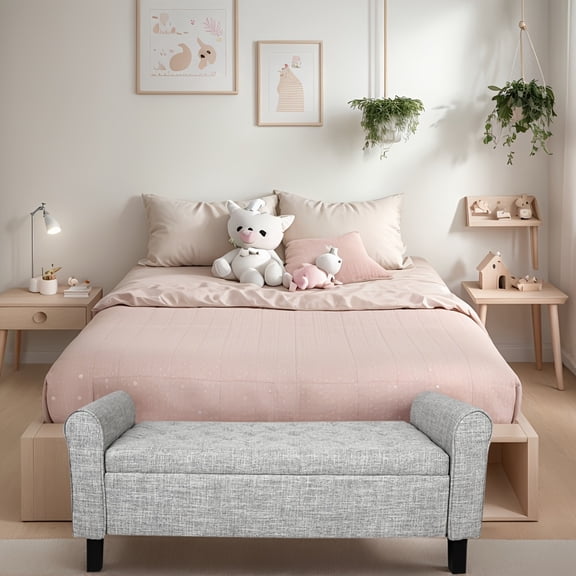 [Upholstered Storage Ottoman] Modern Upholstered Tufted Storage Ottoman  | End Of Bed  With Arms, Entryway Ottoman