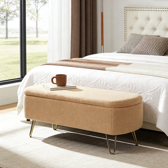 LEHZROAJ Upholstered Storage Bench-Rectangular Padded Ottoman, Shoe Storage with Gold Legs, End of Bed for Bedroom, Entryway, and Living Room(Camel)