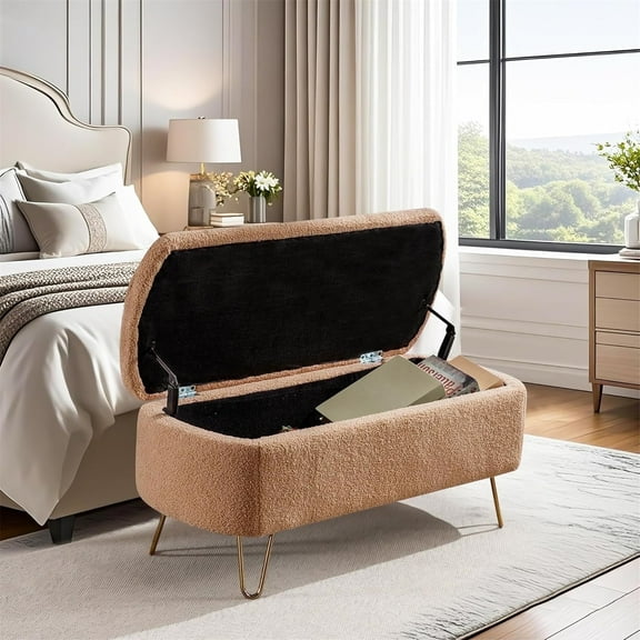 LEHZROAJ Upholstered Storage Bench-Rectangular Padded Ottoman, Shoe Storage with Gold Legs, End of Bed for Bedroom, Entryway, and Living Room（Camel）