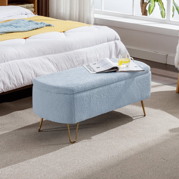 Upholstered Storage Ottoman-Rectangular Padded Seat Bench,Teddy Fabric Shoe Storage with Gold Legs for Bedroom End of Bed, Entryway, and Living Room