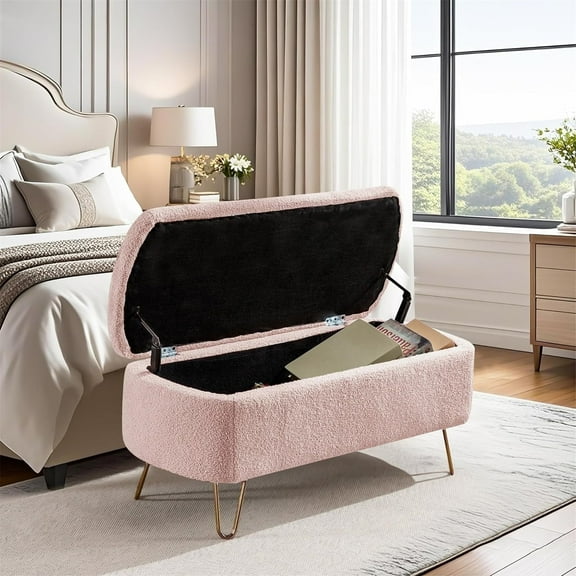 LEHZROAJ Upholstered Storage Bench-Rectangular Padded Ottoman, Shoe Storage with Gold Legs, End of Bed for Bedroom, Entryway, and Living Room（Pink）