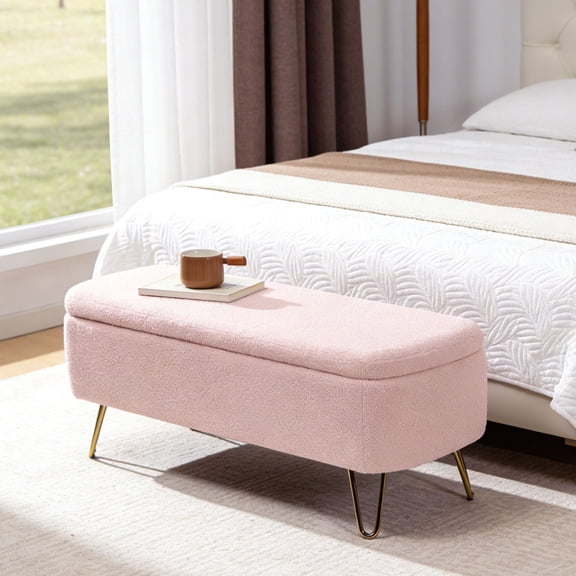 LEHZROAJ Upholstered Storage Bench-Rectangular Padded Ottoman, Shoe Storage with Gold Legs, End of Bed for Bedroom, Entryway, and Living Room（Pink）