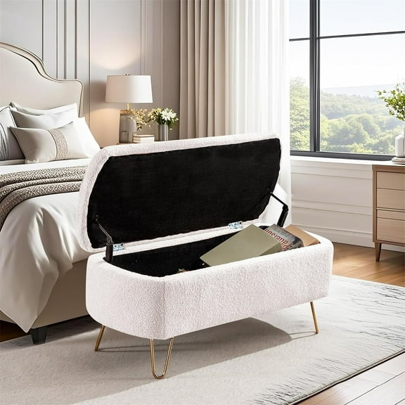 LEHZROAJ Upholstered Storage Bench-Rectangular Padded Ottoman, Shoe Storage with Gold Legs, End of Bed for Bedroom, Entryway, and Living Room（Ivory）