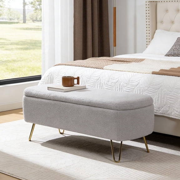 LEHZROAJ Upholstered Storage Bench-Rectangular Padded Ottoman, Shoe Storage with Gold Legs, End of Bed for Bedroom, Entryway, and Living Room（Grey）