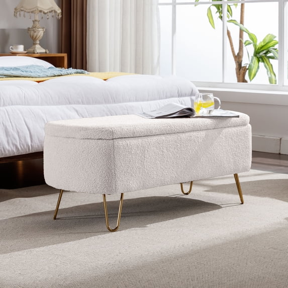 LEHZROAJ Upholstered Storage Bench-Rectangular Padded Ottoman, Shoe Storage with Gold Legs, End of Bed for Bedroom, Entryway, and Living Room(White)
