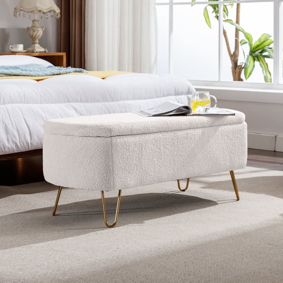LEHZROAJ Upholstered Storage Bench-Rectangular Padded Ottoman, Shoe Storage with Gold Legs, End of Bed for Bedroom, Entryway, and Living Room(White)