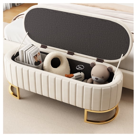 Upholstered Storage Ottoman with Button Tufted Seat, Beige, Metal Legs, Fully Assembled Except Legs