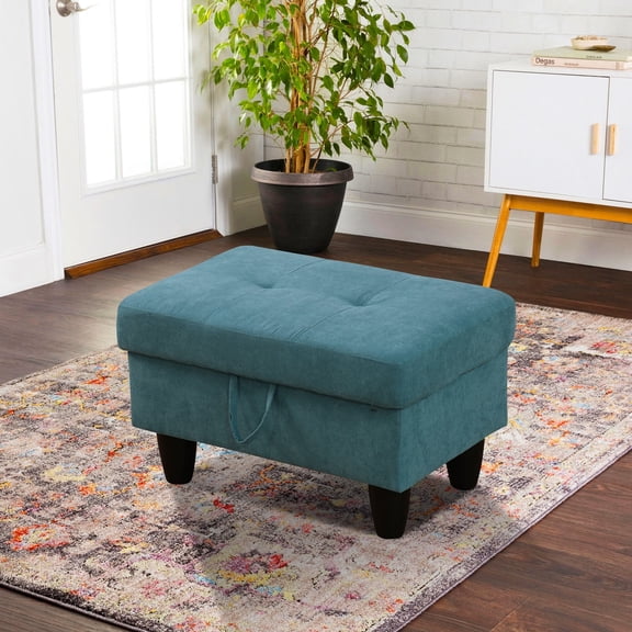 Teal Blue Fluffy Fabric Storage Ottoman for Living Room Sofa
