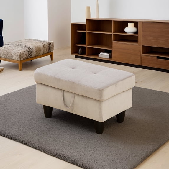 Grey White Corduroy Storage Ottoman for Living Room Sofa