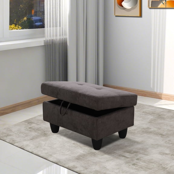 Dark Brown Fluffy Fabric Storage Ottoman for Living Room Sofa