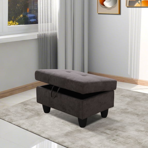 Dark Brown Fluffy Fabric Storage Ottoman for Living Room Sofa