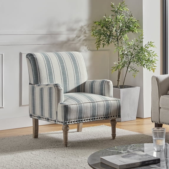 Upholstered Stripe Armchair Reading Accent Chair Wooden Legs Home Living Room Blue
