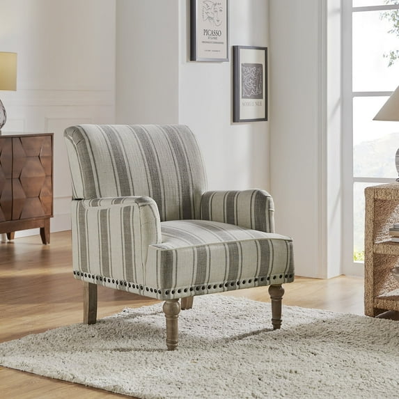 Upholstered Stripe Armchair Reading Accent Chair Wooden Legs Home Living Room Grey