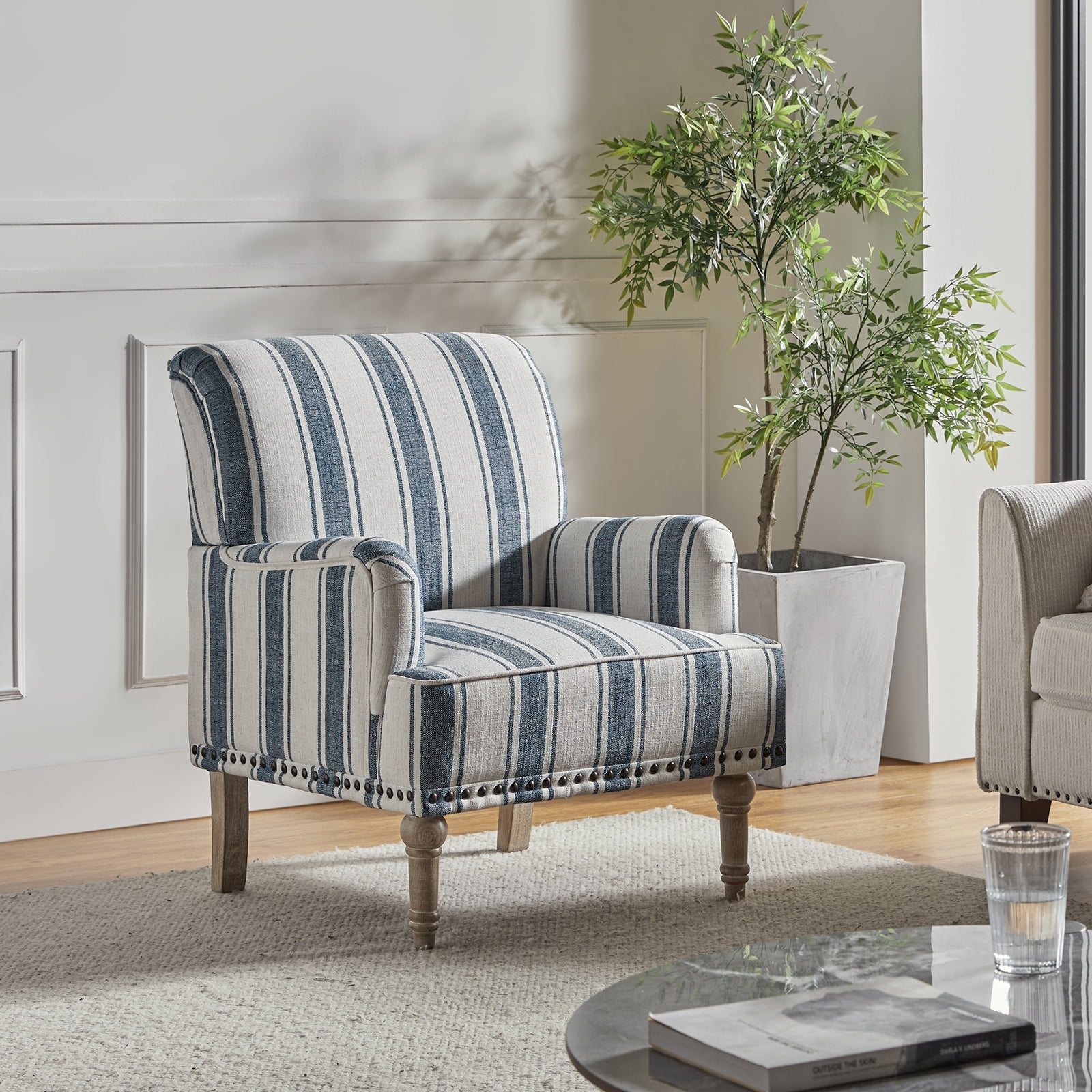 Navy and White Striped Polyester Accent Chair with Wooden Legs
