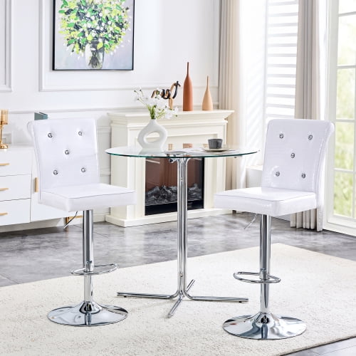 Upholstered Swivel Bar Stools Set of 2, Modern Faux Leather Kitchen Counter Height Barstools, Adjustable Height 25"-34", High Back, Crystal Button Decor Bar Chairs, White