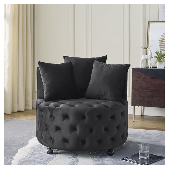Upholstered Swivel Chair for Living Room, with Button Tufted Design and Movable Wheels, Including 3 Pillows, Black