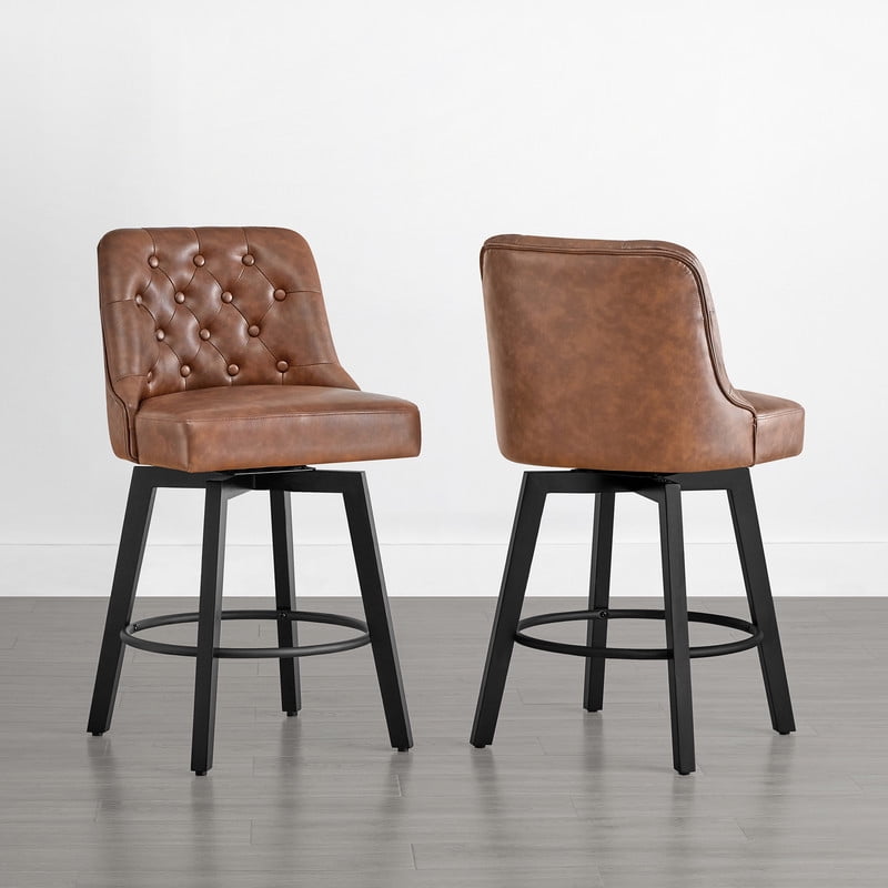 Brown Faux Leather Swivel Counter Stools with Button-Tufted Back