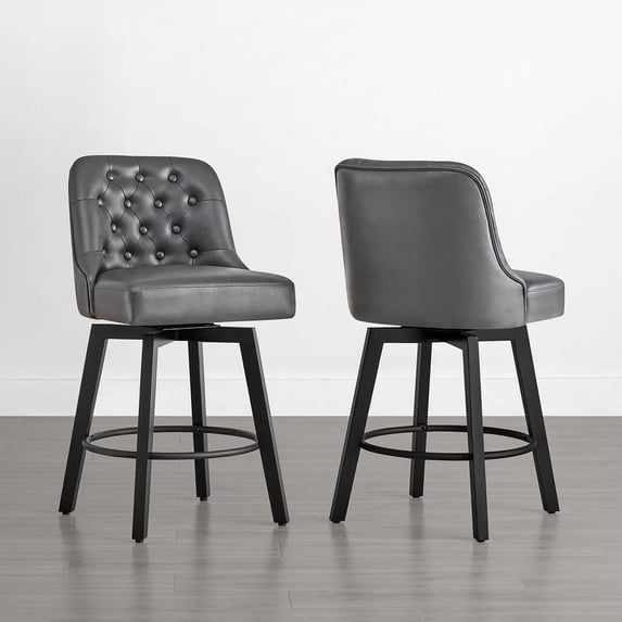 CHITA Upholstered Swivel Counter Bar Stool with Tufted Back Set of 2,Faux Leather in Dark Grey