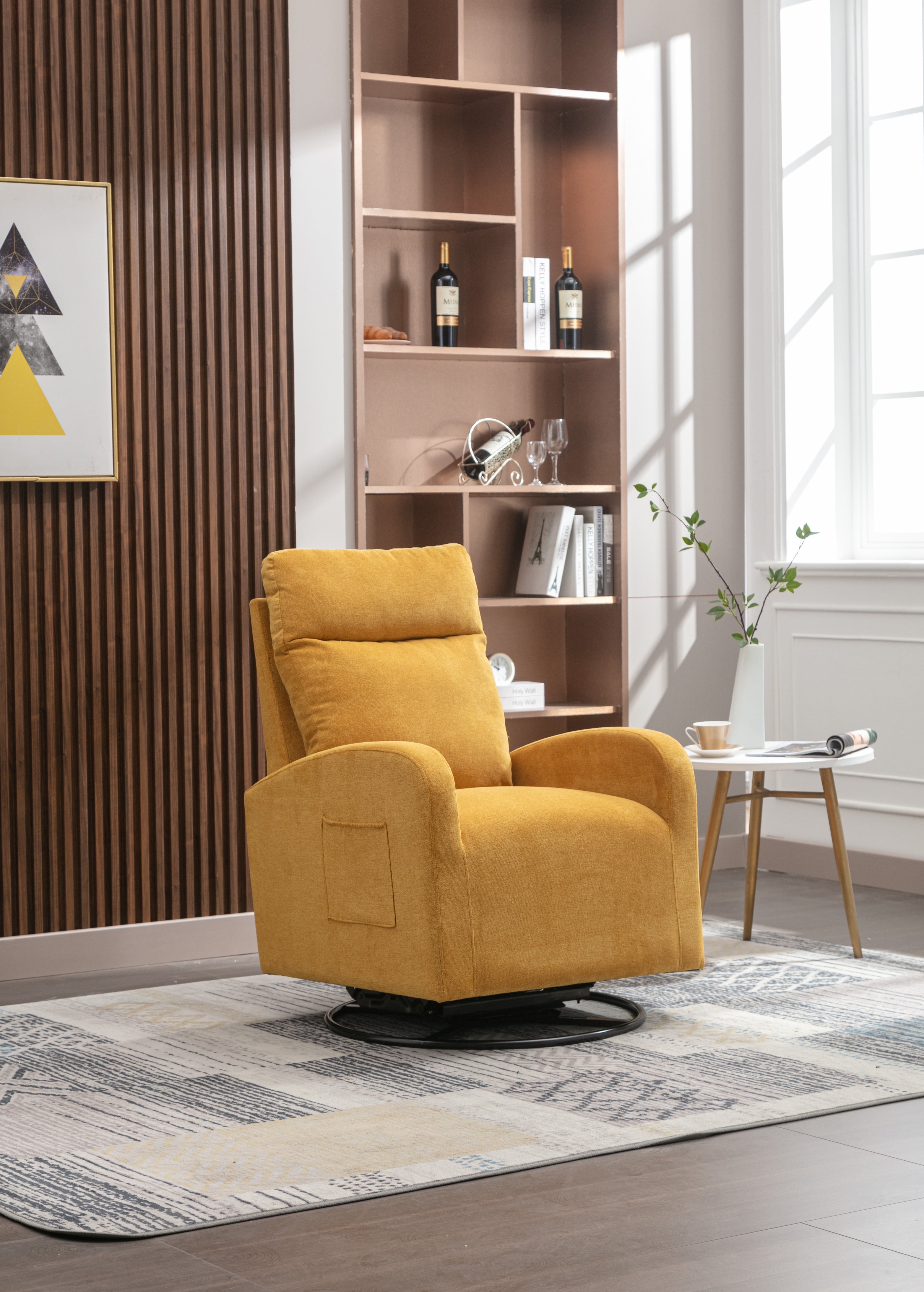 Upholstered Swivel Glider, Cosymart Rocking Chair for Nursery, Modern Style One Left Bag, Yellow Finish