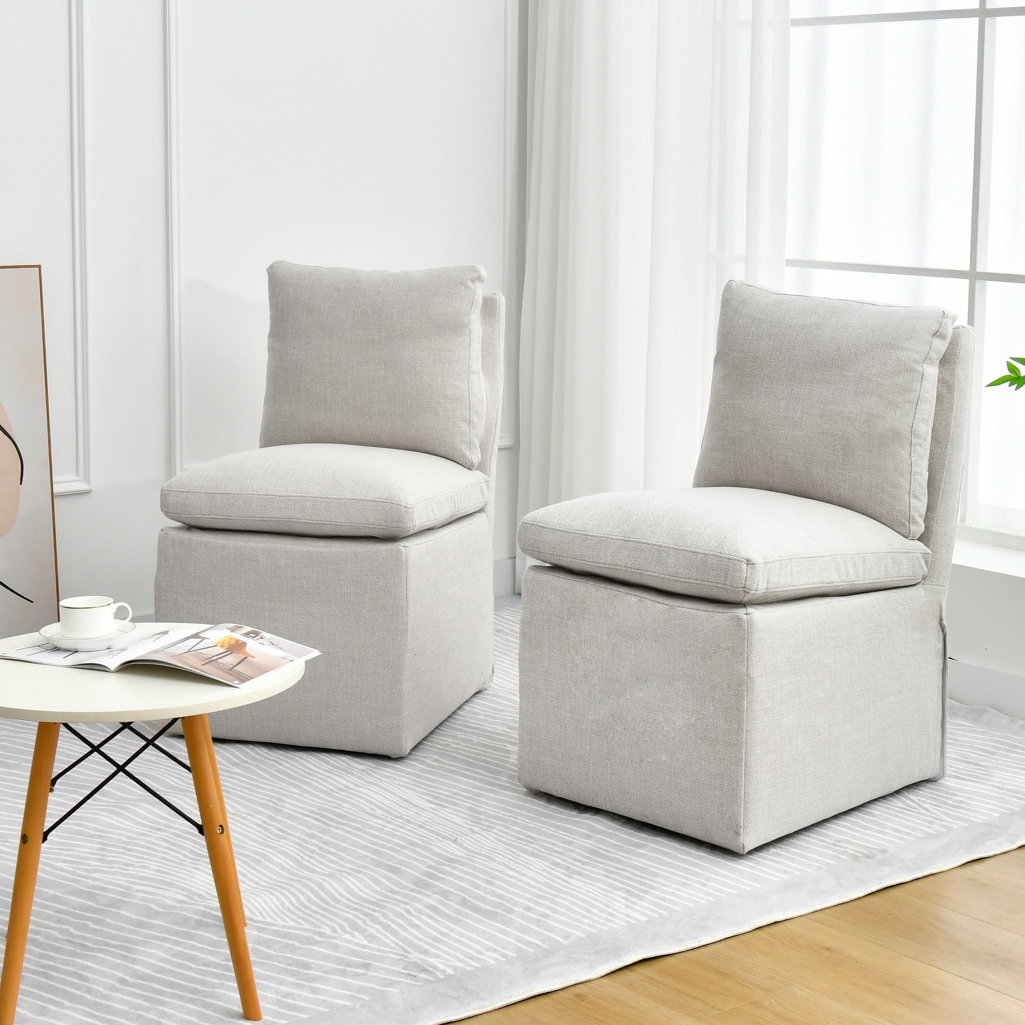 Beige Faux Linen Swivel Arm Chair with Wooden Frame