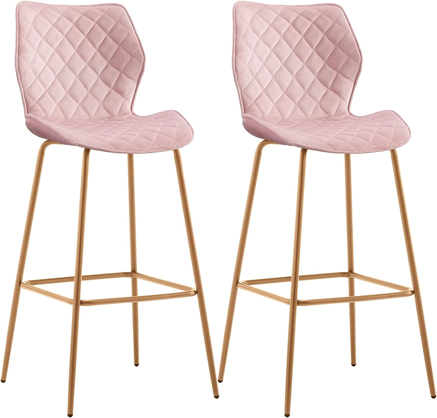 Salmon Pink Velvet Upholstered Bar Stools with Gold Metal Legs