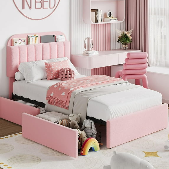 Upholstered TWIN Platform Bed, TWIN Size Bed Frame with Storage Underneath and Headboard, Wood Platform Bed for Bedroom (Pink)