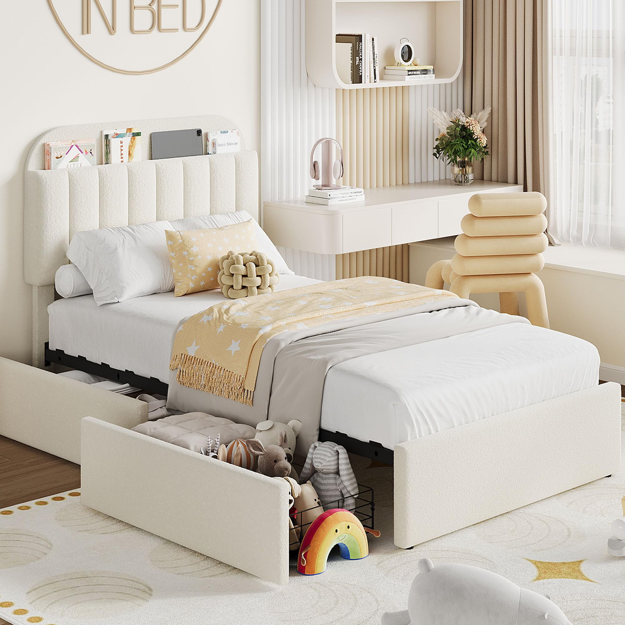 Upholstered TWIN Platform Bed, TWIN Size Bed Frame with Storage Underneath and Headboard, Wood Platform Bed for Bedroom (White)