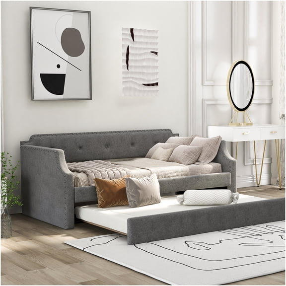 Upholstered Trundle Daybed with Wood Slat Support, Convertible Sofa Bed for Guest Room, Twin Size, Gray
