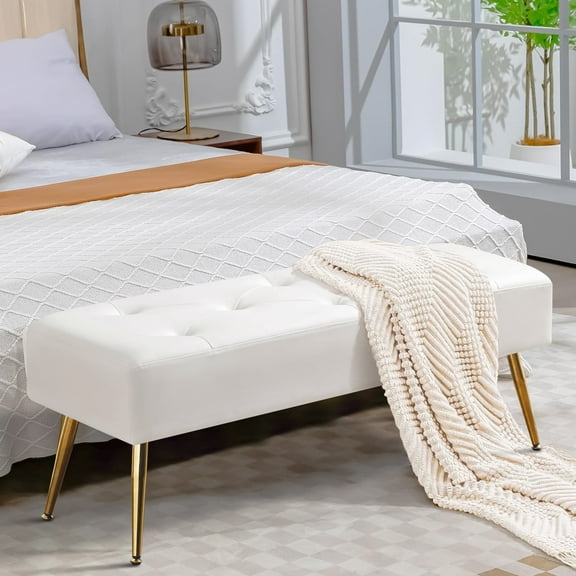 Upholstered Tufted Bench Entryway Ottoman Footrest Living Room Foot Stool PU,Ivory white