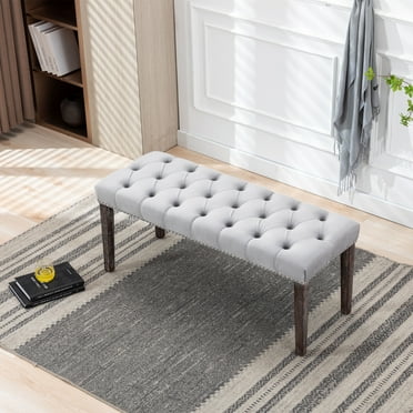 Upholstered Tufted Bench Ottoman, Modern Velvet Ottoman Bench, Button Dining Bench Window Seat for Living Room Bedroom, Fabric Entryway Bench with Wood Legs, Light Gray