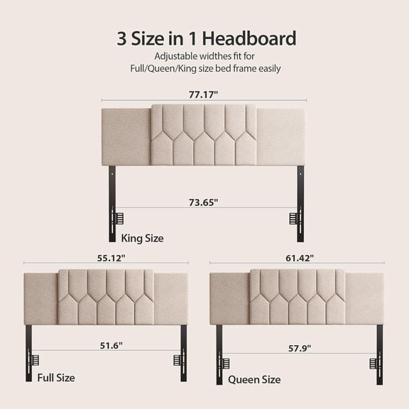 Upholstered Tufted Headboard for Full Queen King Bed, Adjustable Height & Width, 3-in-1 Design with Steel Frame, Beige