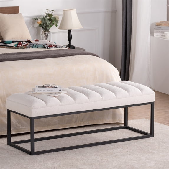 Upholstered Tufted Long Bench, Bedroom End of Bed Bench, Teddy Velvet Rectangular Bench with Metal Legs, Indoor Ottoman Entryway Shoe Bench for Living Room Hallway, White