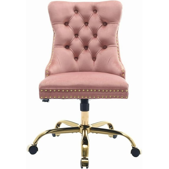 Upholstered Tufted Office Chair with Golden Metal Base, Adjustable Desk Chair Swivel Office Chair Armless Office Chair for Bedroom Livingroom Game Study Makeup Chair